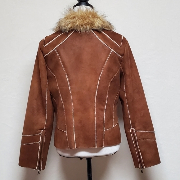 VINTAGE 90s Toffee Faux Suede Faux Fur Zip-Sleeve Full-zip Fleece Lined Jacket - Picture 10 of 13